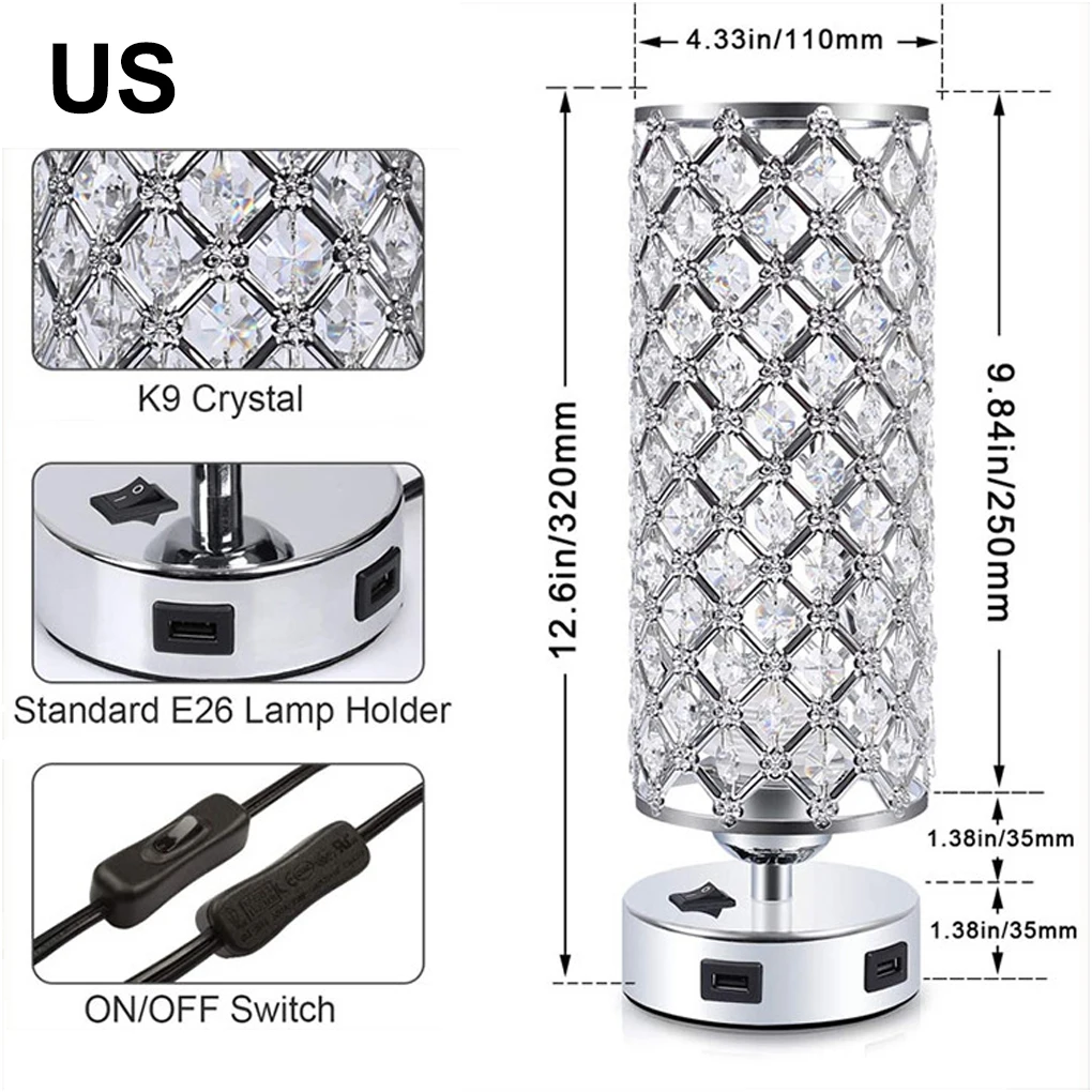 

Simple Style Crystal Table Lamp with USB Ports Nightlight E27 Bedside Lights