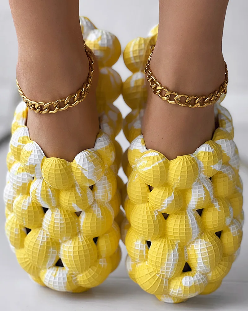 Women Fashion Summer Shoes Flat Homewear Colorblock Non Slip Soft Bubble Slippers Sandals