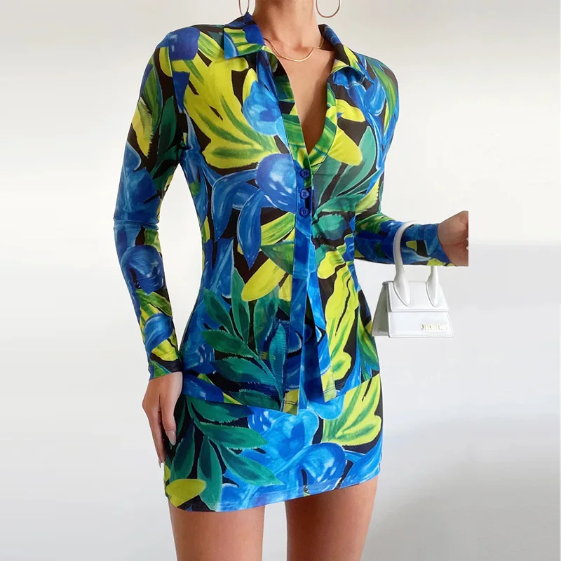 

Женская однобортная рубашка с отложным воротником и мини-юбка, комплект из двух предметов, элегантный костюм с принтом и длинным рукавом, модная облегающая уличная одежда