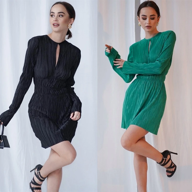 

Women Long Sleeve Cutout Solid Color Round Neck Pleated Casual Slim Mini Dress