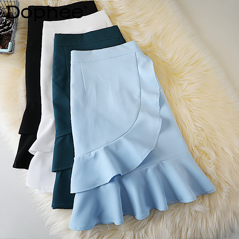 

Irregular Short Fishtail Skirt for Women 2022 Summer New Fashion Solid Office Ladies Shirts Retro High Waist Ruffles Mini Skirts