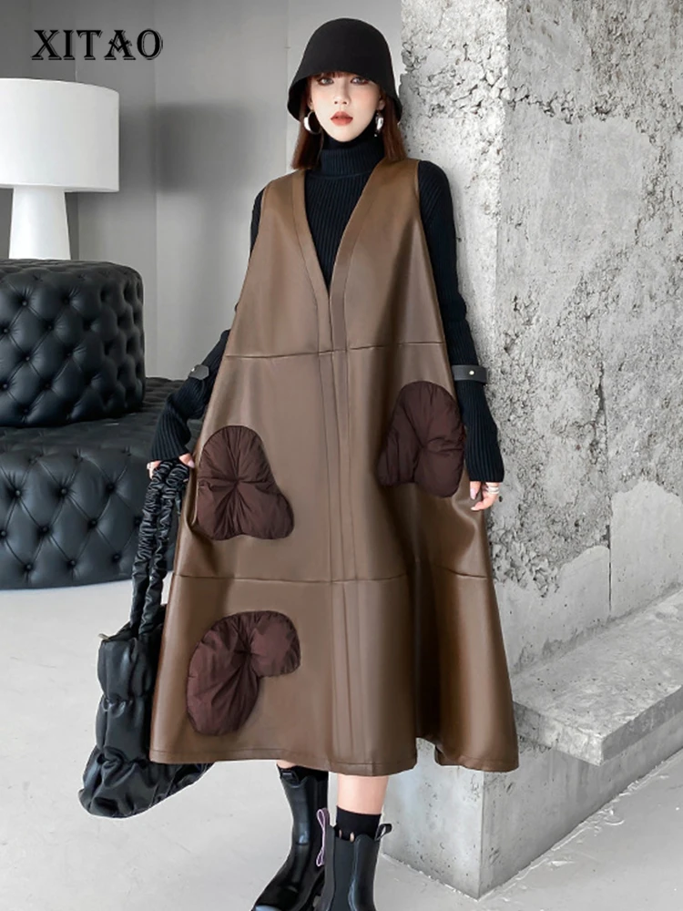 

XITAO Vintage Casual Dress Women Personality Fashion Loose V-neck Sleeveless Dress Korea 2022 Winter New Arrival SMH10219