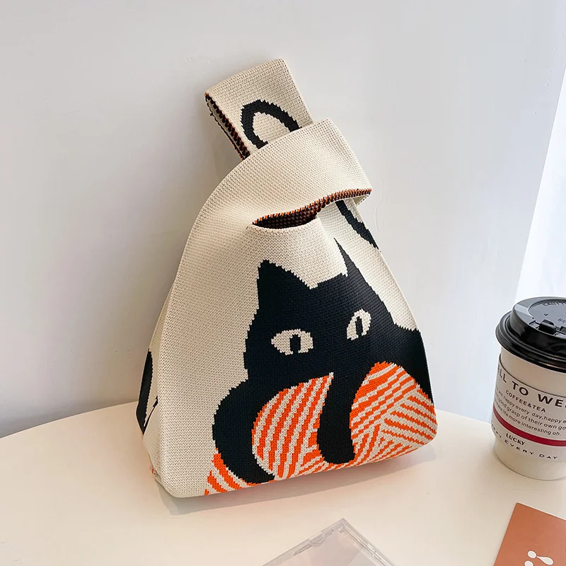 

Japanese Mini Portable Knot Wrist Bag Women Top Handle Bag Simple Purse Cat Handbags Waterproof Shopping Bag Phone Key Pouch