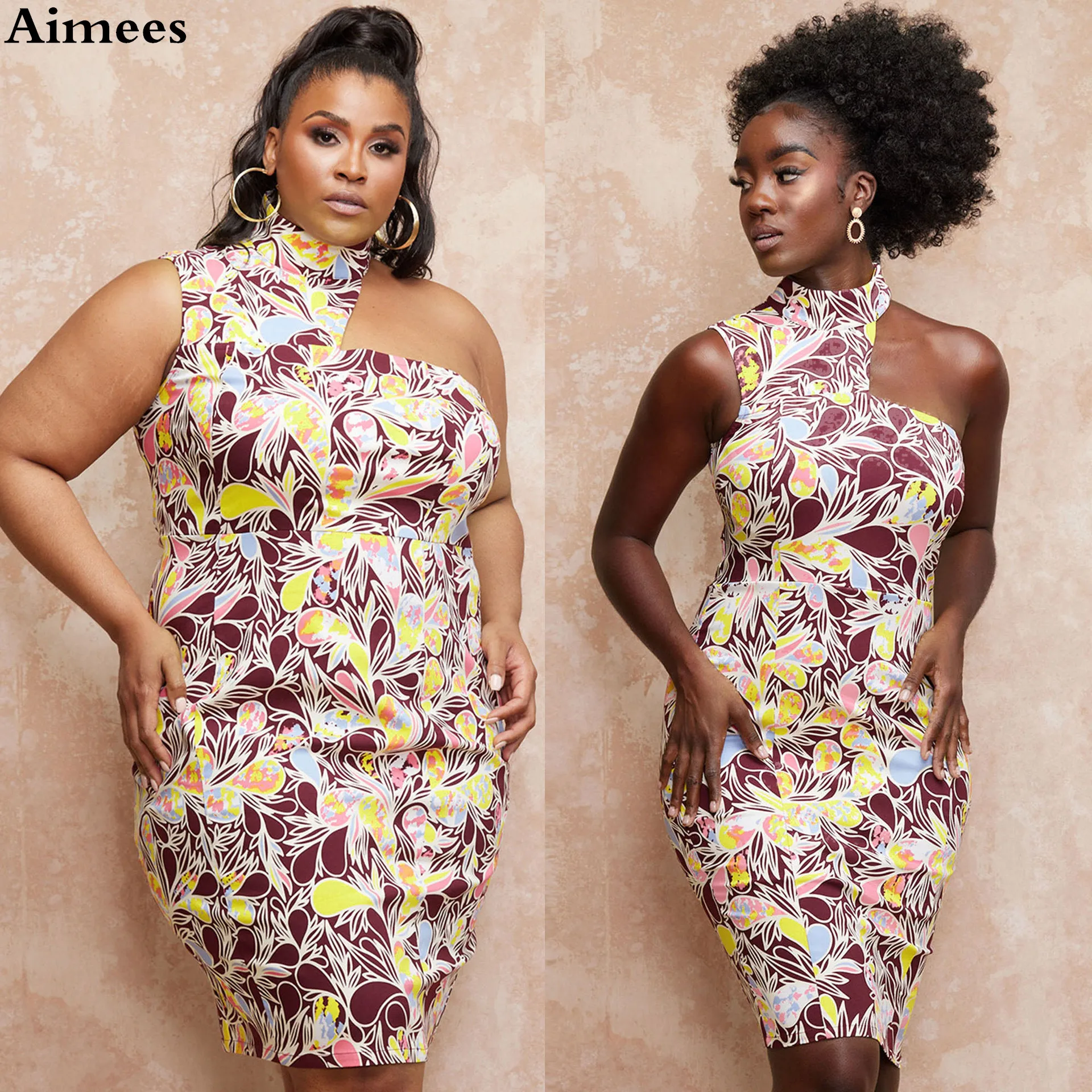 

Sexy African Woman Printing Bodycon Dress Party High Neck Sleeveless Half Backless Hollow Out Shoulder Nightclub Dresses
