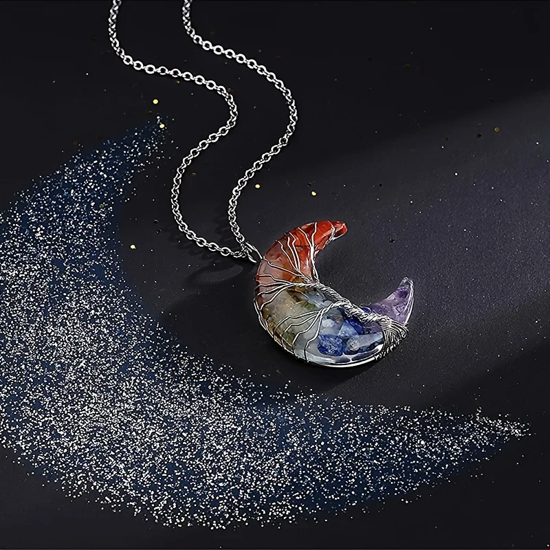 Ожерелье С Целебными Кристаллами 7 Чакры Древо Жизни Подвеска Фазой Луны Ручная