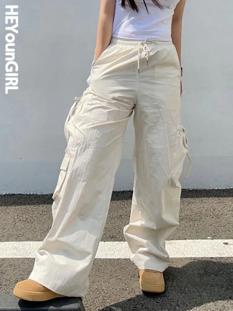 

HEYounGIRL Streetwear White Cargo Pants Lace Up High Waist Casual Pocket Cute Korean Fashion Jogger Trousers Basic Wide Leg Pant