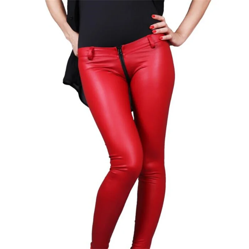 Zipper fashion sexy motorcycle faux leather pants womens tight skinny trousers pu pants for women pantalon homme black thin red