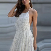 summer new fashion women fringed dress sexy elegant backless sleeveless female solid hanging neck casual club night party dress
