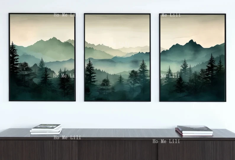 Шалфейная Зеленая Гора трехсекционное настенное искусство акварель горный