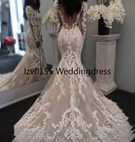 new illusion long sleeves mermaid wedding dresses tulle lace applique court train jewel neck custom made plus size wedding gowns