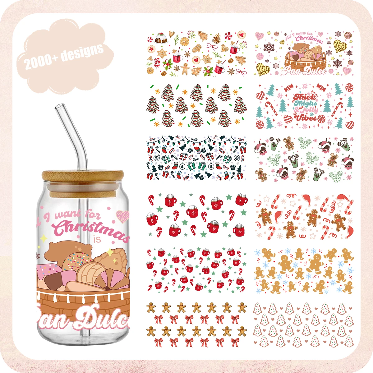 Рождественская наклейка UV DTF обертка для чашки 16 унций стекла Libbey готовая к