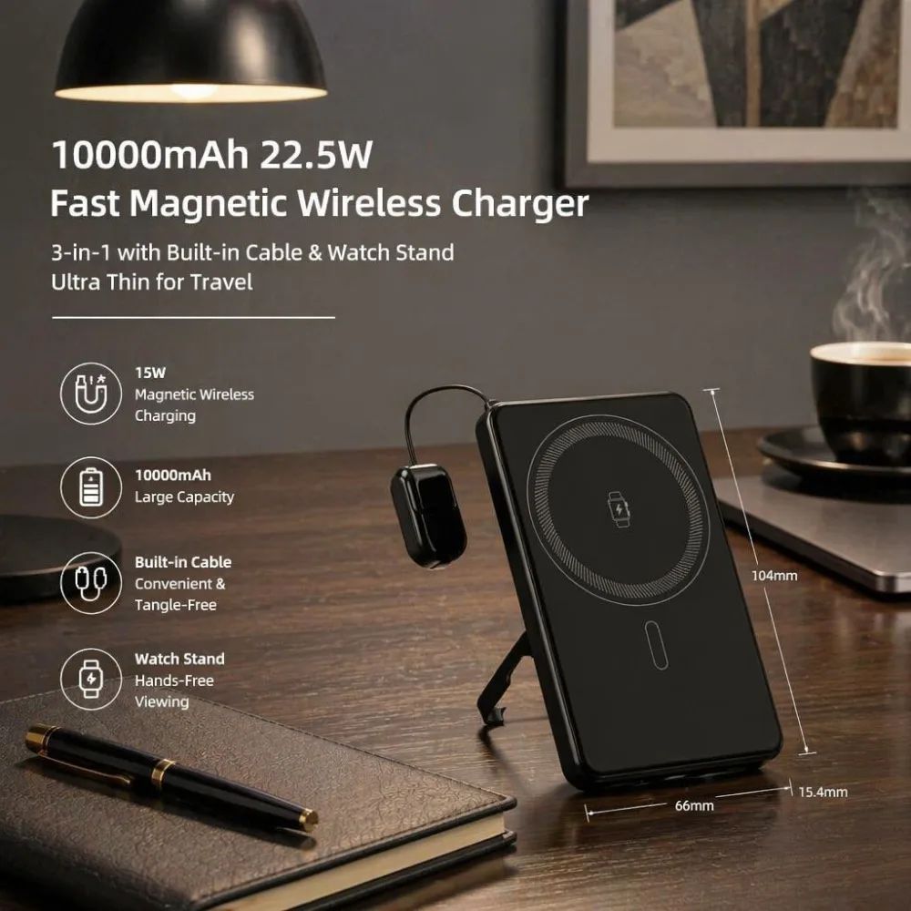 Фото Магнитный Power Bank 20000 мАч, быстрая зарядка 22.5 Вт, беспроводное зарядное устройство 3-в-1 со встроенным кабелем, подставка для часов, ультратонкий, для путешествий №2