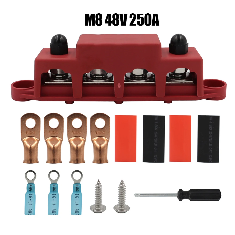 

For RVs Ships Wires Terminal Stud Power Screw Terminal Zinc Alloy 250A 4 Post 4 X M8（5/16in） Bar Black&red Block