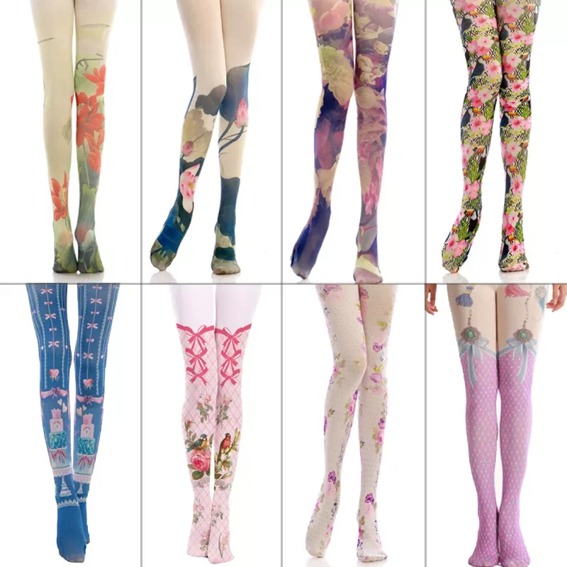 

140D Cute Flower Printing Stockings Velvet Tights Japanese Harajuku Pantyhose Bottoming Anime Tattoo Pantyhose