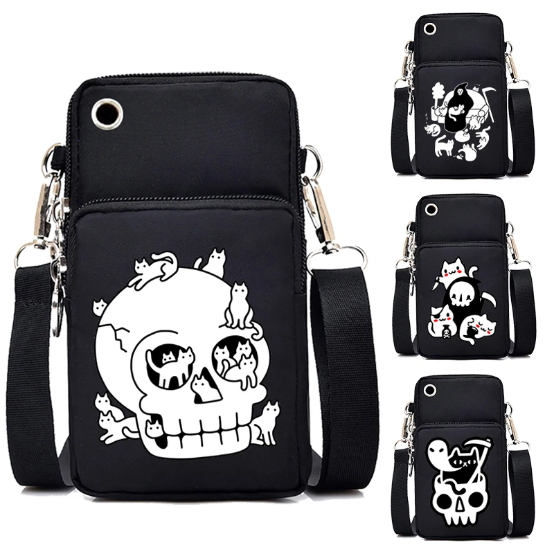 Мини-сумка для мобильного телефона женская сумка-мессенджер с черепом и кошками