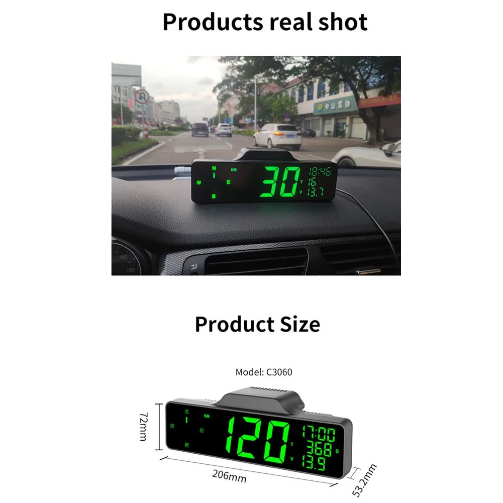 

1 Set GPS Speedometer GPS Speedometer 206*72*53.2mm DC 12-24V GPS Speedometer Overspeed Alarm Odometer C3060 For Car