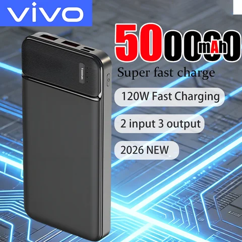 Портативный внешний аккумулятор VIVO 500000 мАч, 120 Вт, большая емкость, сверхбыстрая зарядка, внешний аккумулятор для путешествий на открытом воздухе, новинка 2026 года