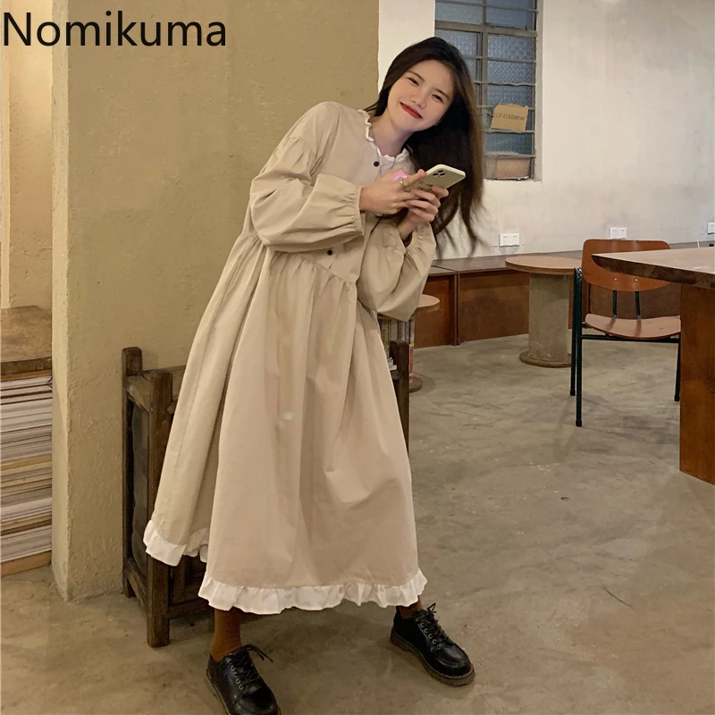 

Новое осеннее платье Nomikuma в Корейском стиле, женские Лоскутные Платья с оборками и круглым вырезом и длинным рукавом, элегантные женские пл...