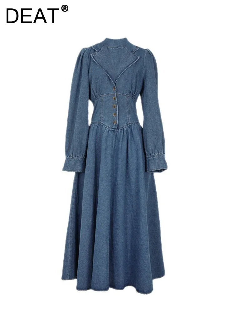 

Женское джинсовое платье-рубашка DEAT, однобортное платье-рубашка составного кроя с отложным воротником и высокой талией, 29L24491, осень 2023