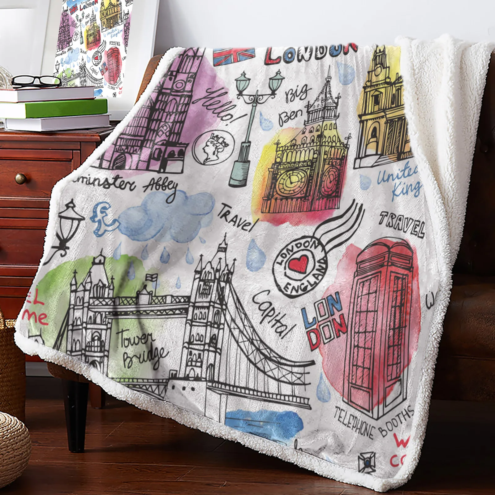 

Red Bus London Street Scenery Home Cashmere Bed Blanket Sofa Winter Warm Duvet Cover Kids Bedspread Decor Lamb