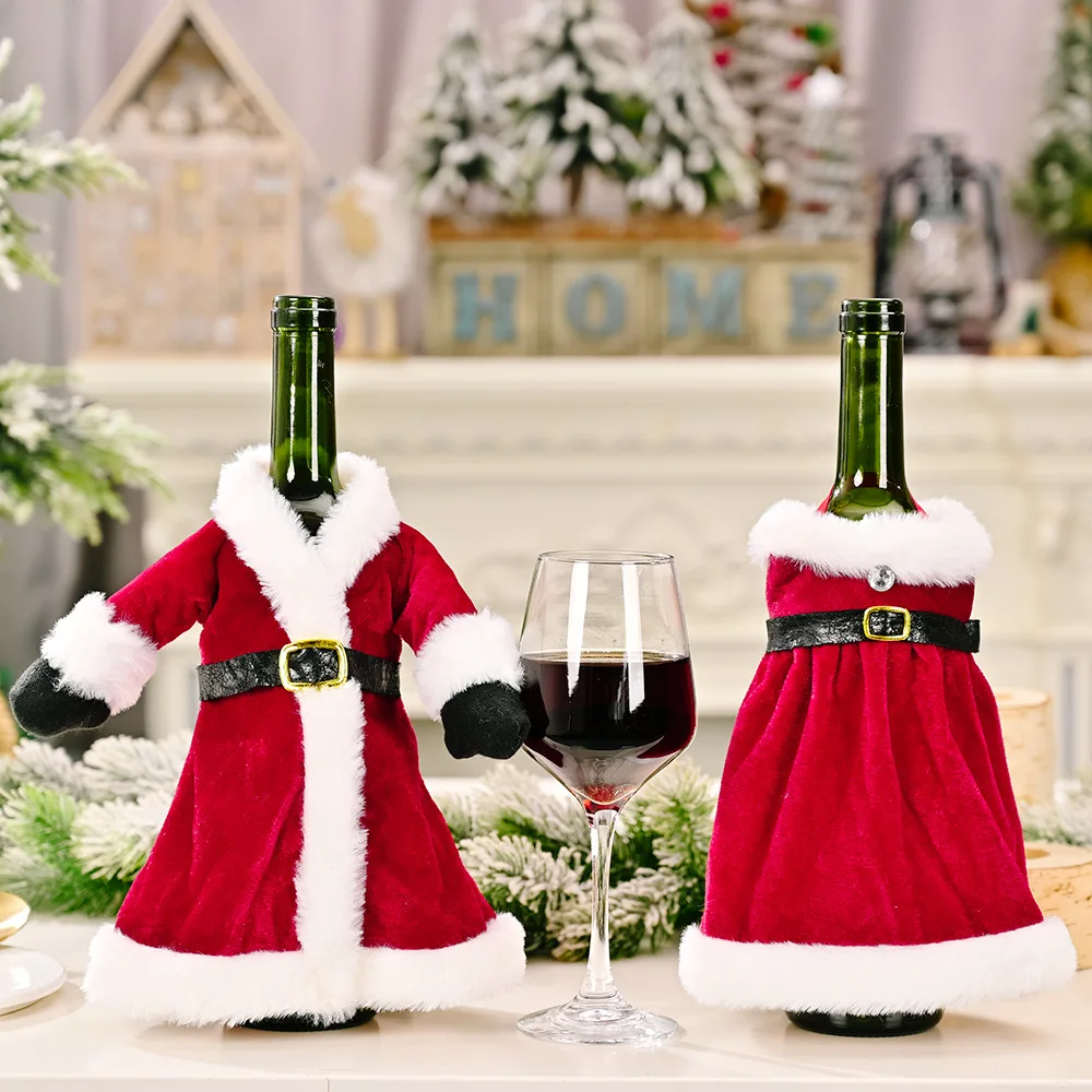 

New Christmas Wine Bottle Cover Red Cloth Dress Wine Bottle Decor Xmas New Year Dinner Table Decoration Home Party Supplies