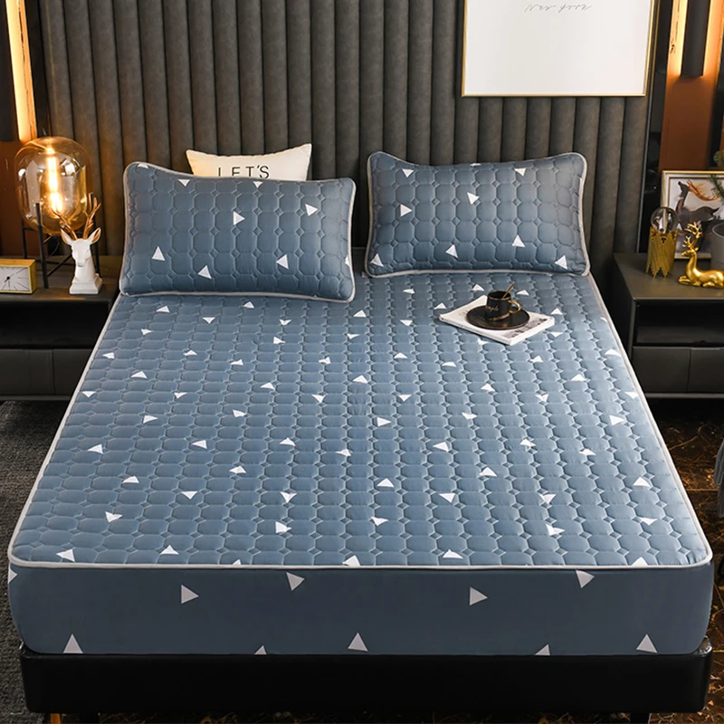 

Hot Sale Thick Quilted Double Bed Sheet Mattress Protector Soft Breathable Elastic Fitted Sheet With Deep Pocket Cover Linen