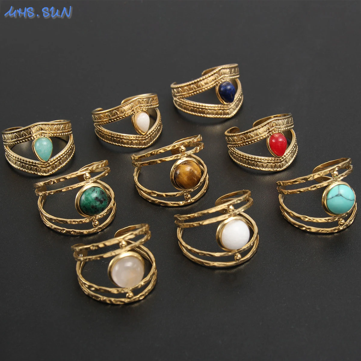 

MHS.SUN Trendy Stackable Geometric Stainless Steel Finger Round Ring Gold Plating Round Natural Stone Boho Style Party Jewelry