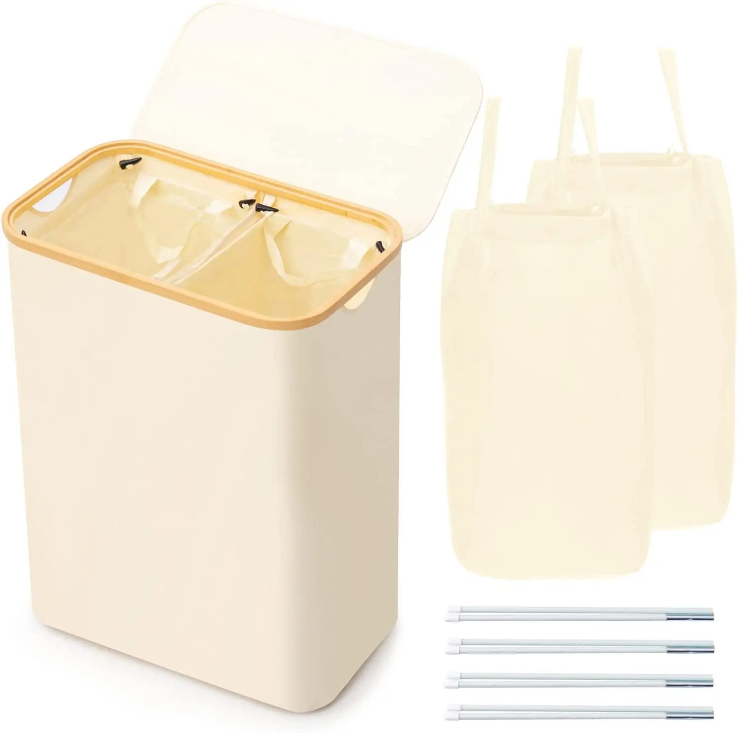 

Brian&amp； Danny laundry basket with lid -123 L - Double laundry basket with detachable bag and bamboo handle - Foldable laund
