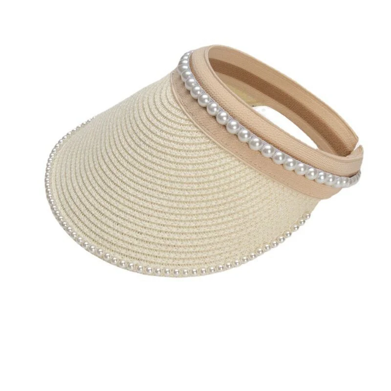 

Шляпа женская Соломенная с жемчужинами, повседневный Пляжный головной убор без козырька от солнца, с натуральным рисунком, летняя