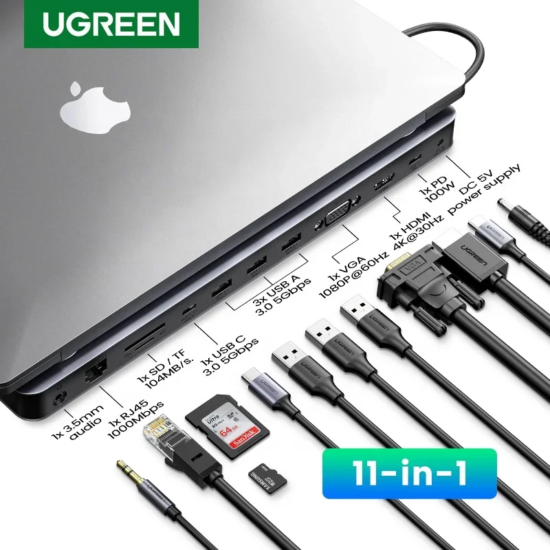 Док-станция UGREEN USB C 11-в-1 HUB to HDMI 4K VGA RJ45 PD 100W SD TF 3.5 Для MacBook Pro Air M1 для ноутбука