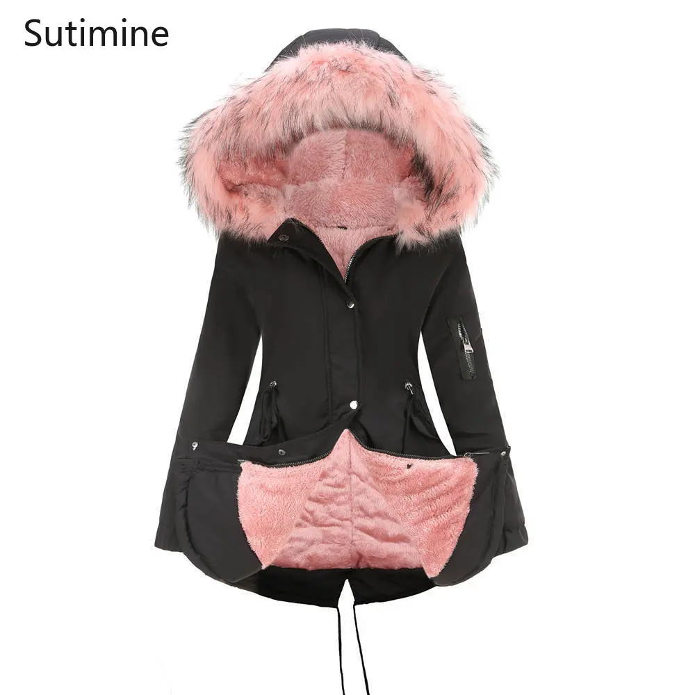 Winter Clothes Women Office Lady Flocking Hooded Winter Warm Plush Coat Cotton Jacket Button Pockets Loose Winter Clothes Women