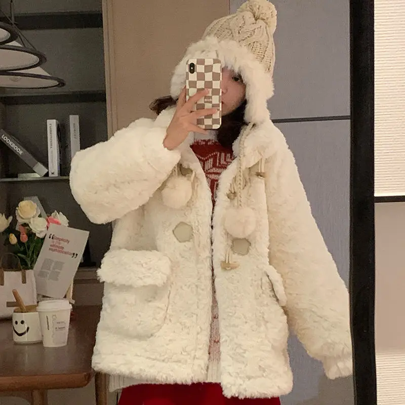 QWEEK Women Warm Faux Fur Fleece Coat Jacket Lamb Wool Thickened Oversized Long Sleeve Cute Lamb Wool Button Up Winter Outerwear