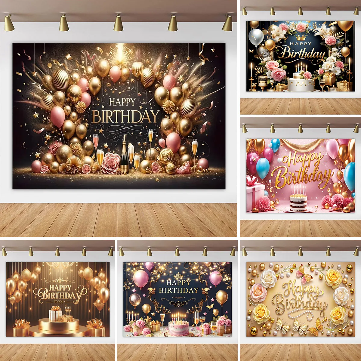 Фон для студийной фотосъемки с днем рождения цветами шарами черным золотом
