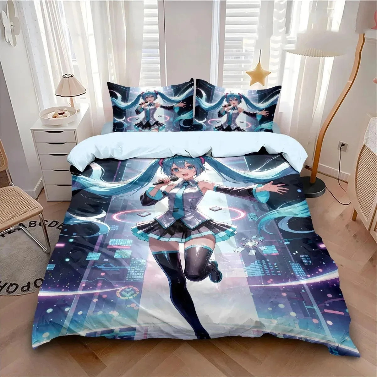 Фото Комплект постельного белья с 3D-принтом в стиле японского аниме Hatsune Miku, комплект пододеяльников для девочек в стиле Kawaii, размеры: Single, Twin, Full, Queen, King №3