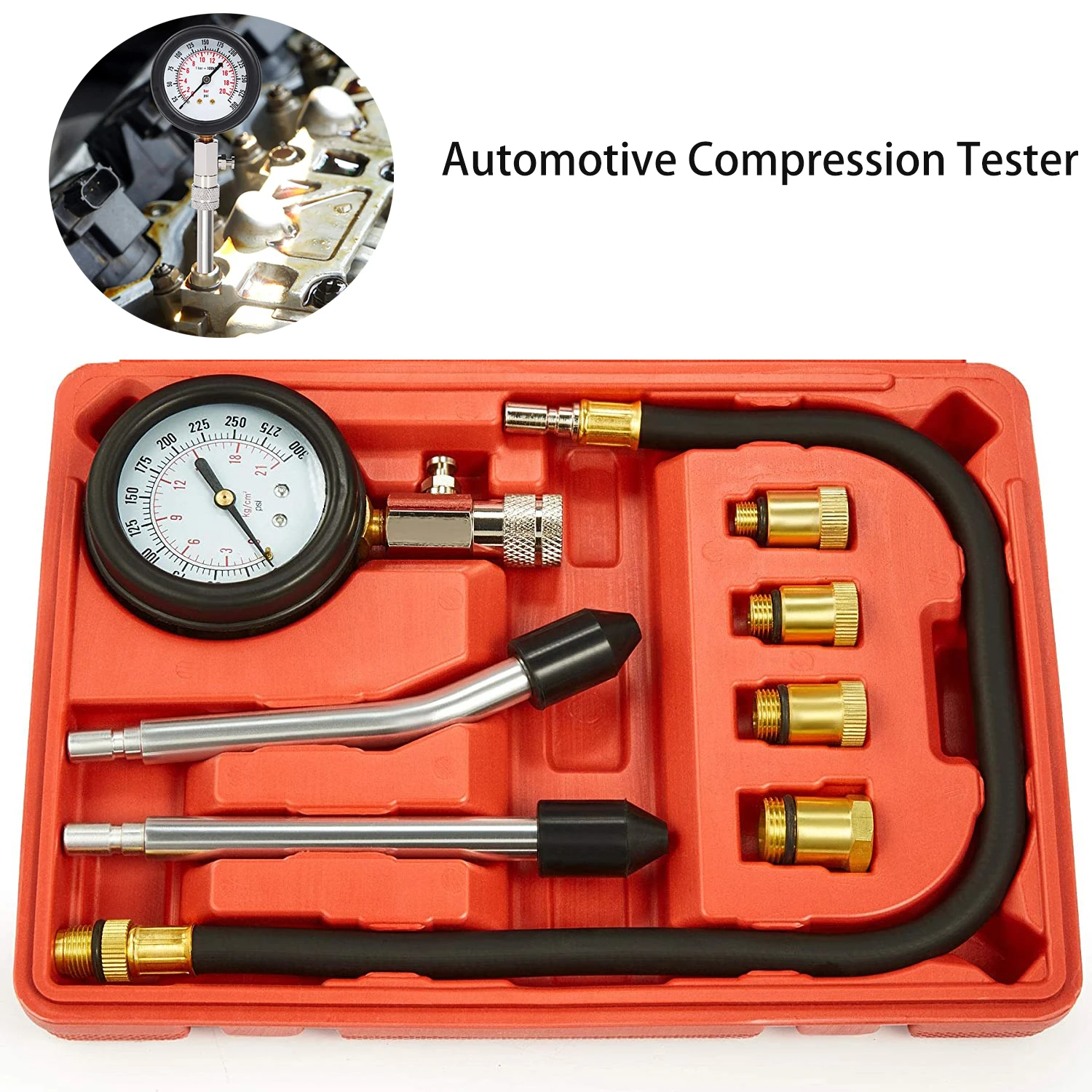 Compression Tester Kit 0-300 PSI Petrol Gas Engine Cylinder Pressure Gauge Automotive Tool for Motorcycle Car Truck