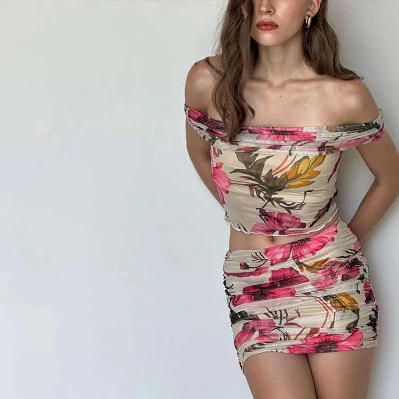 

DUTRIEUX Sexy Printed Two Piece Skirt Set Slash Neck Crop Top Mini Skirts 2 Pieces Streetwear Floral Club Party Suit Summer Wear