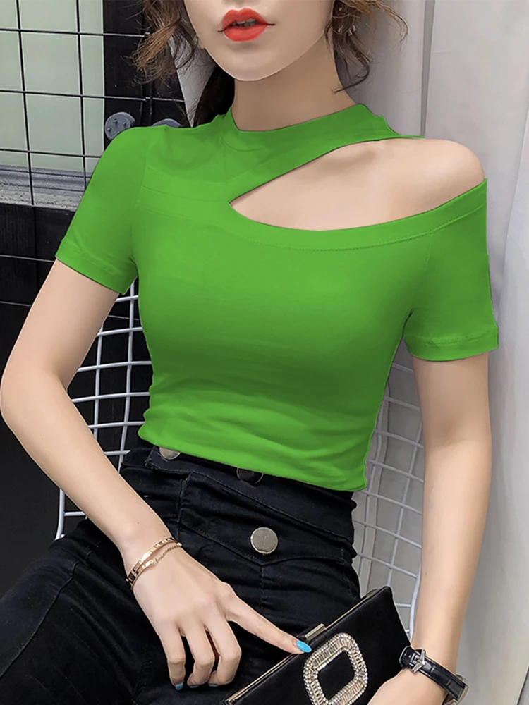 Женская хлопковая футболка с коротким рукавом однотонная облегающая круглым