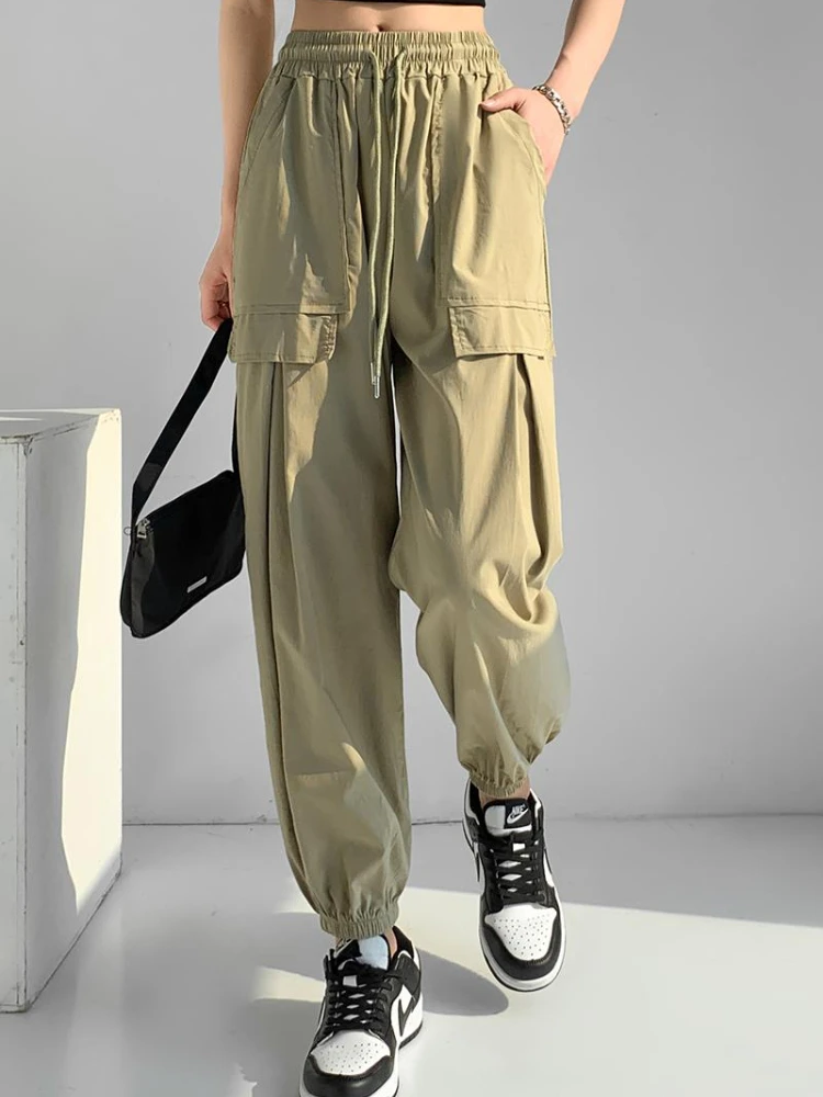 

Брюки-карго женские с высокой талией, Элегантные повседневные однотонные тонкие офисные штаны на шнуровке с карманами, уличная одежда, весн...