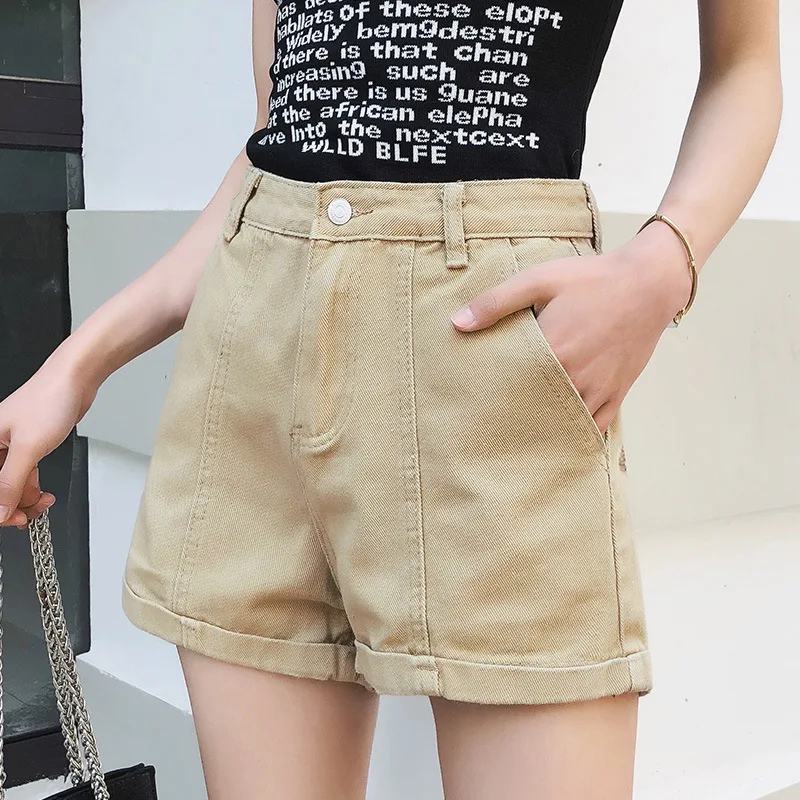 

Korean Wide-leg Loose Khaki Denim Shorts Women's 2021 Summer High-waist Shorts Female New Casual Style Soild Color Thin Shorts