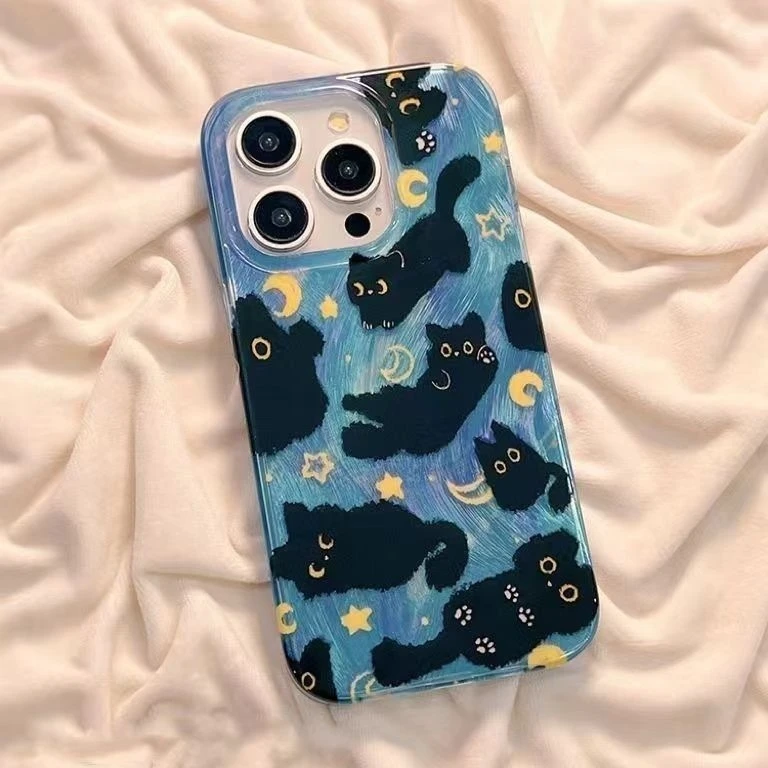 Фото Чехол для телефона с рисунком Dreamy Moon Cute Cat Doodle для iPhone 16e 16 15 14 13 12 11 Pro Max X Xs XR XSMax Plus с текстурой перьев №4