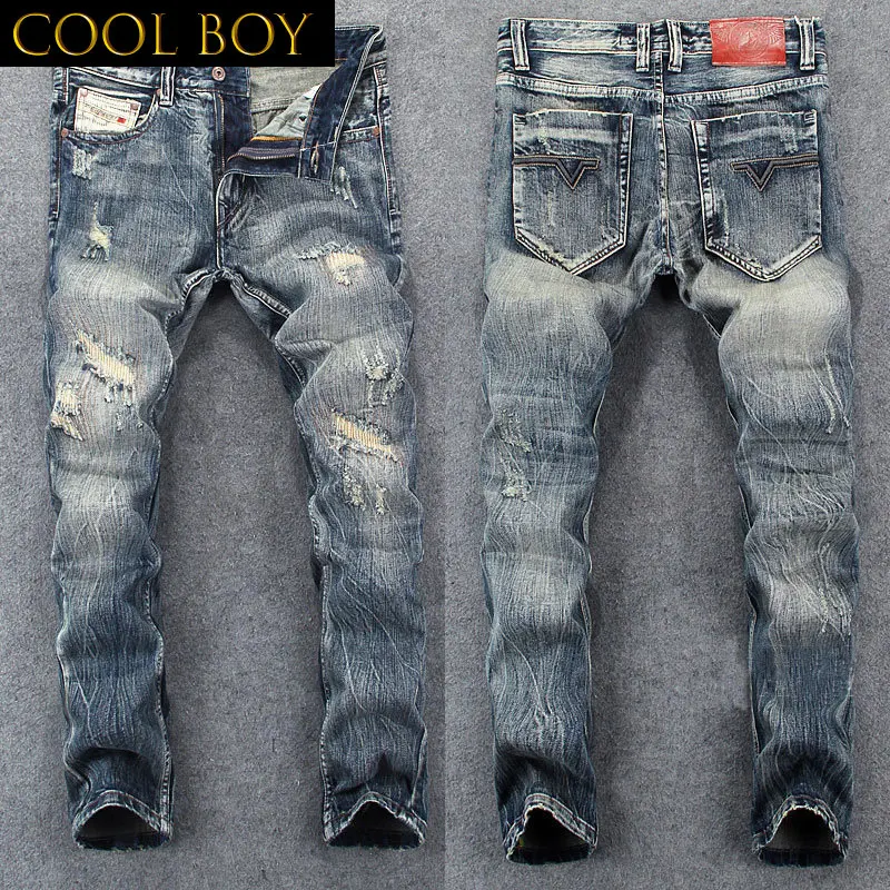 

E BOY Streetwear Men Jeans Retro Wash Slim Fit Destroyed Ripped Jeans Men Hole Trousers Patched Vintage Designer Pants Hombre