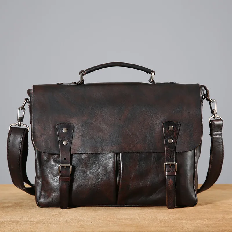 Fashion vintage natural genuine leather men briefcase business casual high quality luxury soft real cowhide laptop shoulder bag