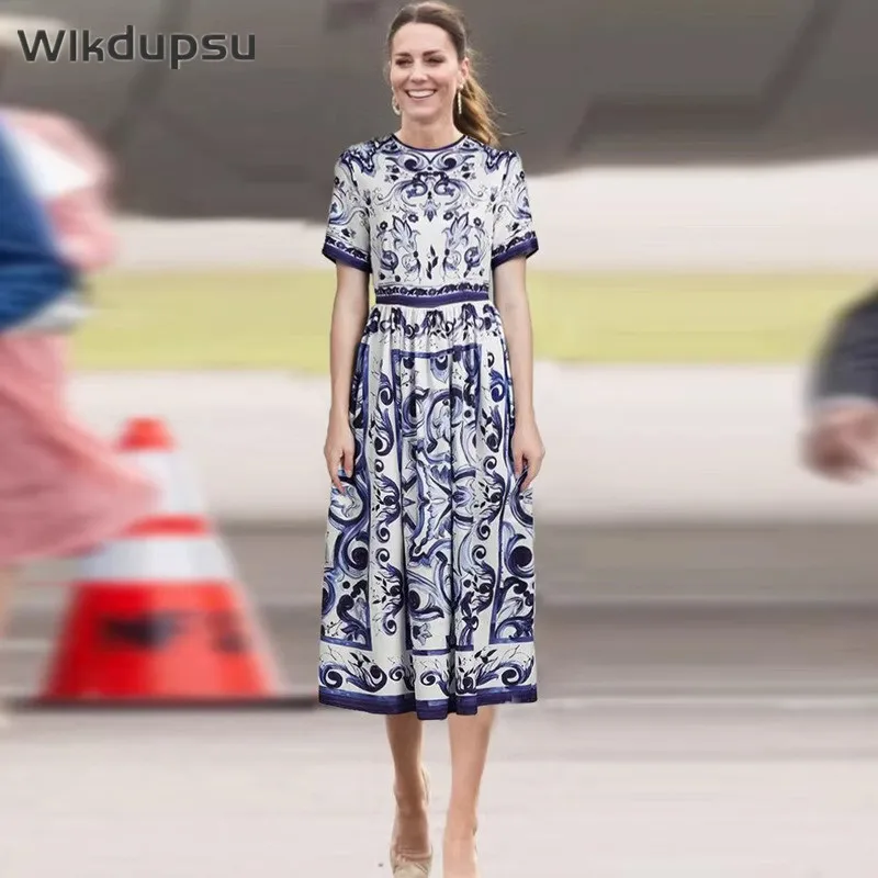 Princess Kate Middleton Dress Women High Quality Luxury Fashion Designer Printed Spring Summer Short Sleeve Casual Work Dresses