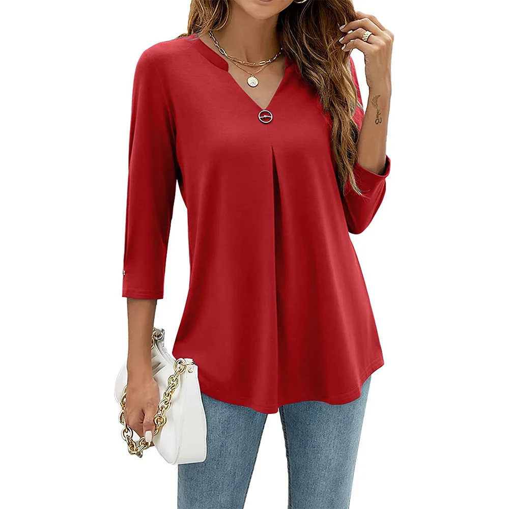 

2023 Summer Women's Clothing 3/4 Sleeve V Neck Studded Pleated T-Shirt Top Solid Color Loose Casual Pullover Fashion Shirts