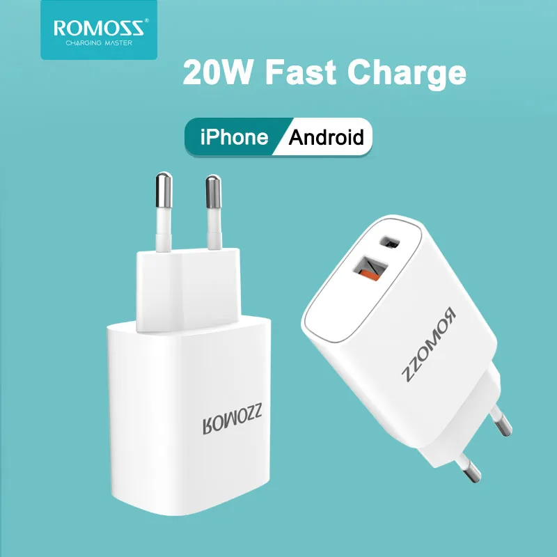 

ROMOSS Fast Charge AC20T USB Type C Charger 20W QC 3.0 PD 3.0 Quick Charger for Xiaomi iPhone 13 Huawei Samsung Phone charger.