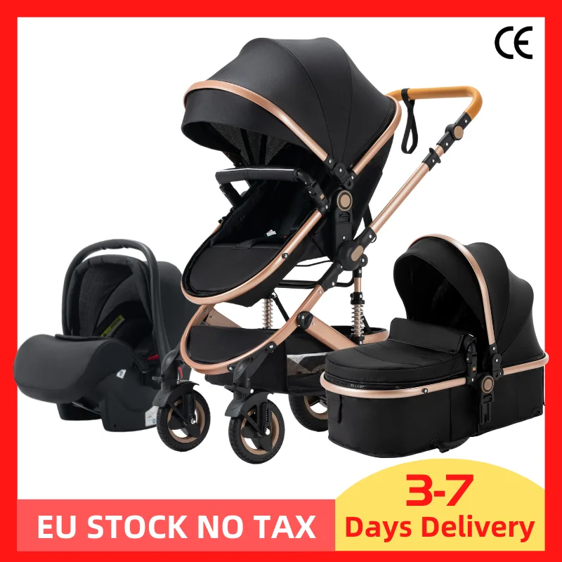

Baby Stroller 3 in 1 Portable Travel Baby Carriage Fold Pram High Landscape Aluminum Frame Luxury Stroller with Sleeping Basket
