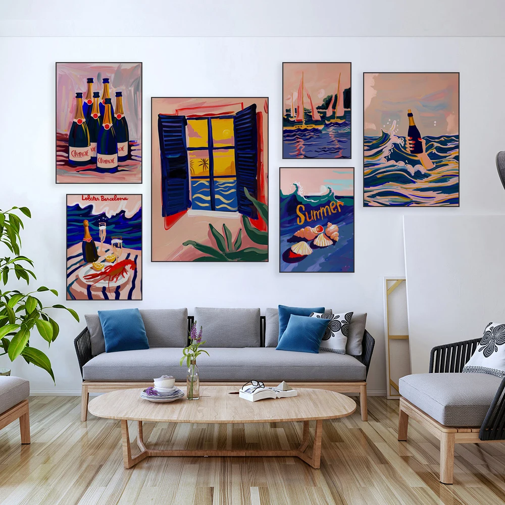 Matisse window art шампанское коктейль ракушки ужин искусство лобстер яхта морская