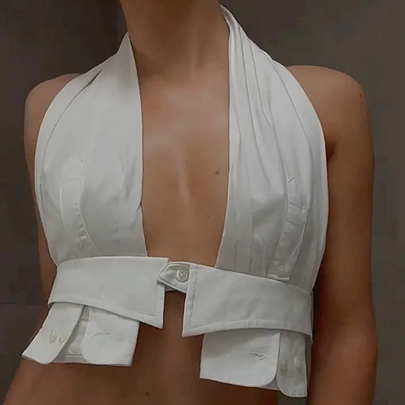 

Женский винтажный топ на бретельках Y2k, белый пикантный укороченный топ с глубоким V-образным вырезом и пуговицами, Пляжная майка с открытой спиной, летняя блузка
