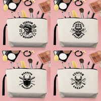 2022 hot selling makeup organizer bag handbag ladies coin purse canvas personality gothic skull pattern printed strap beige