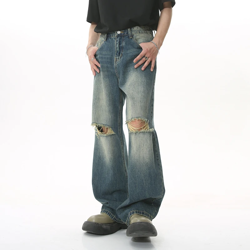 

Korea Style Casual Straight Denim Pants Men's Trendy Summer Wide Leg Jeans Male Personality Knee Hole Trouers New W0